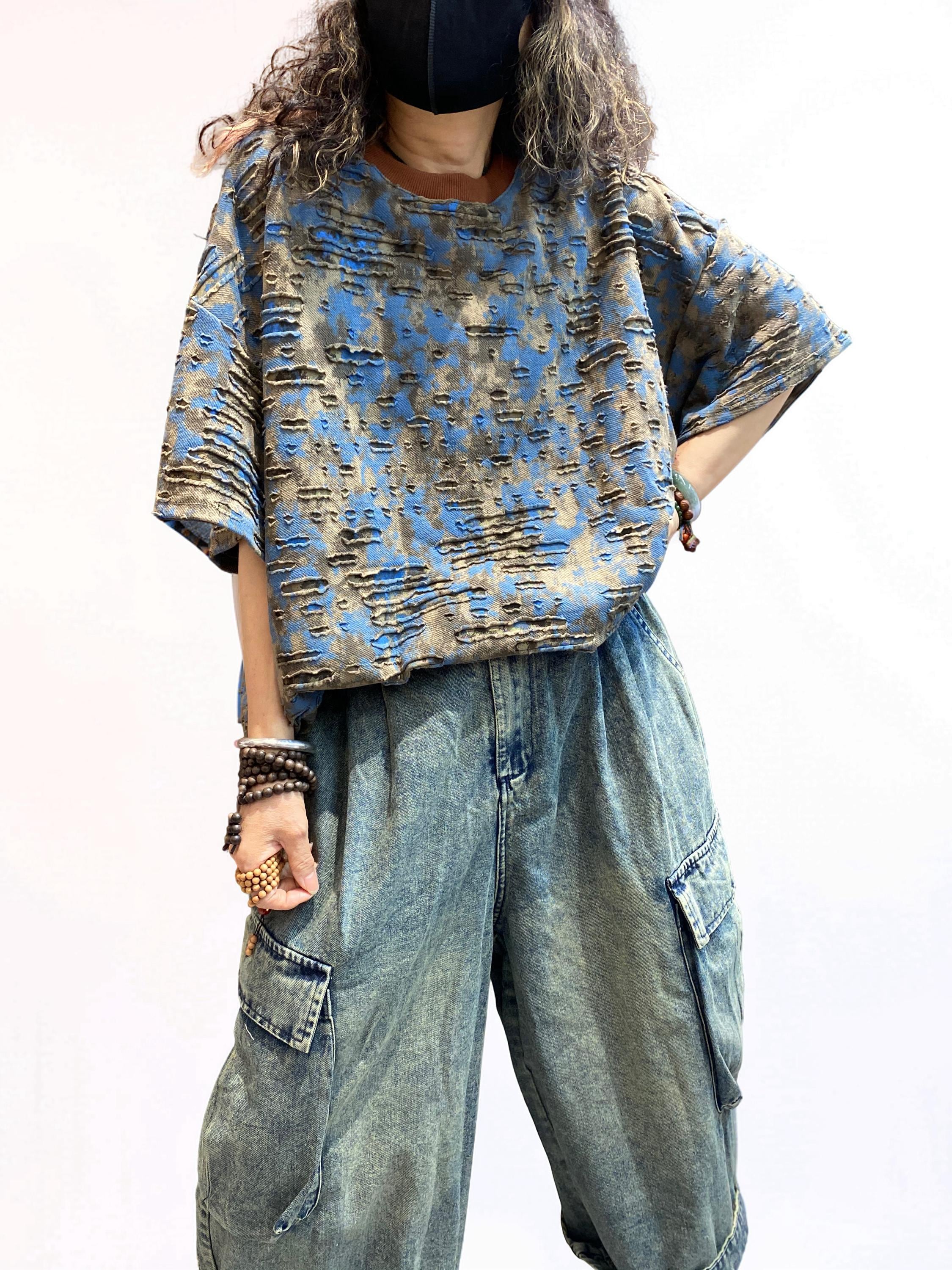 Distressed Double-Layer Cut Fabric Top, Oversized Artsy Avant-Garde Tee