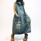 Oversized Washed Denim Hooded Dress: Boho Balloon Maxi Kaftan Style