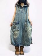 Oversized Washed Denim Hooded Dress: Boho Balloon Maxi Kaftan Style