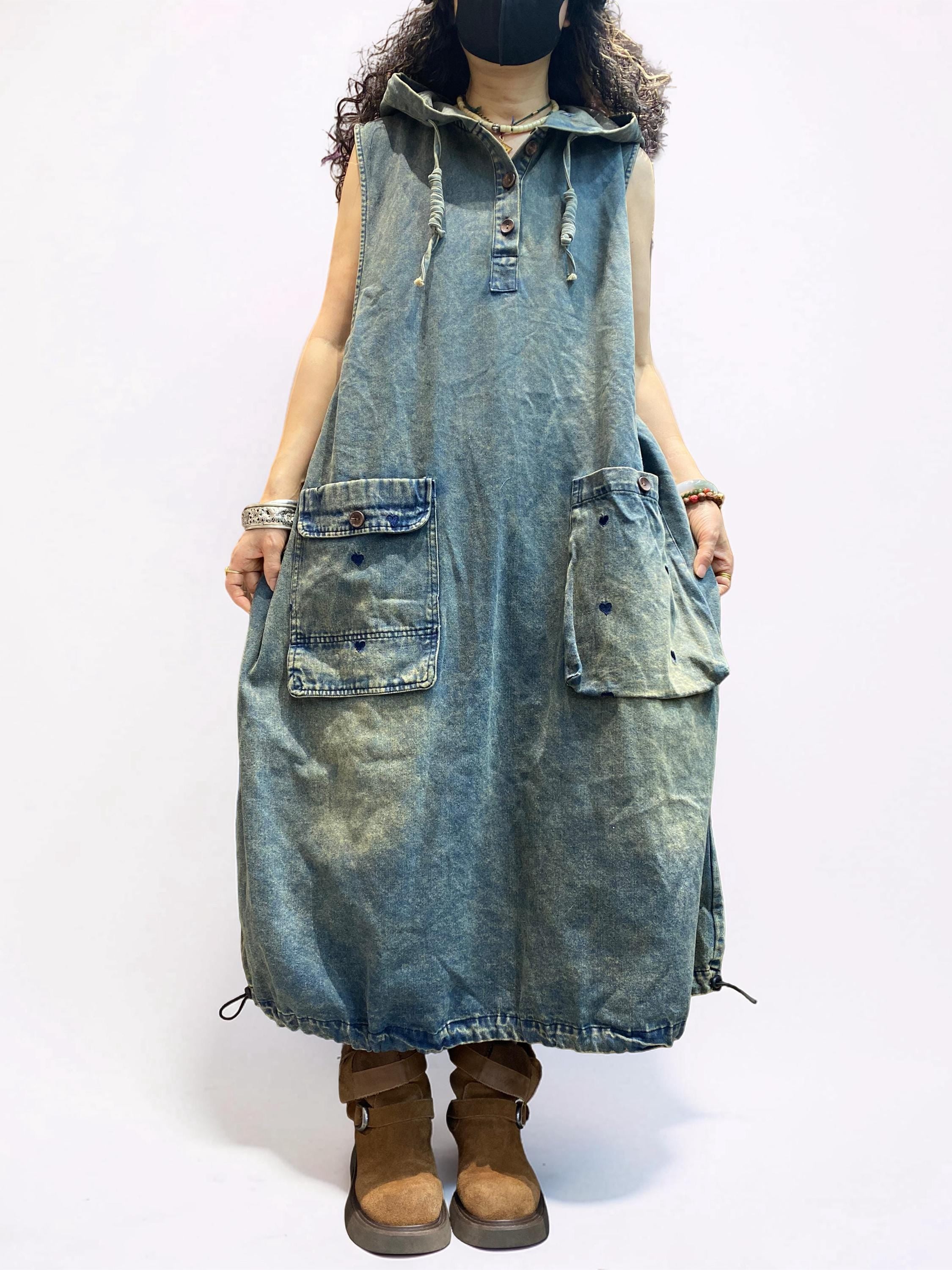 Oversized Washed Denim Hooded Dress: Boho Balloon Maxi Kaftan Style