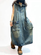 Oversized Washed Denim Hooded Dress: Boho Balloon Maxi Kaftan Style