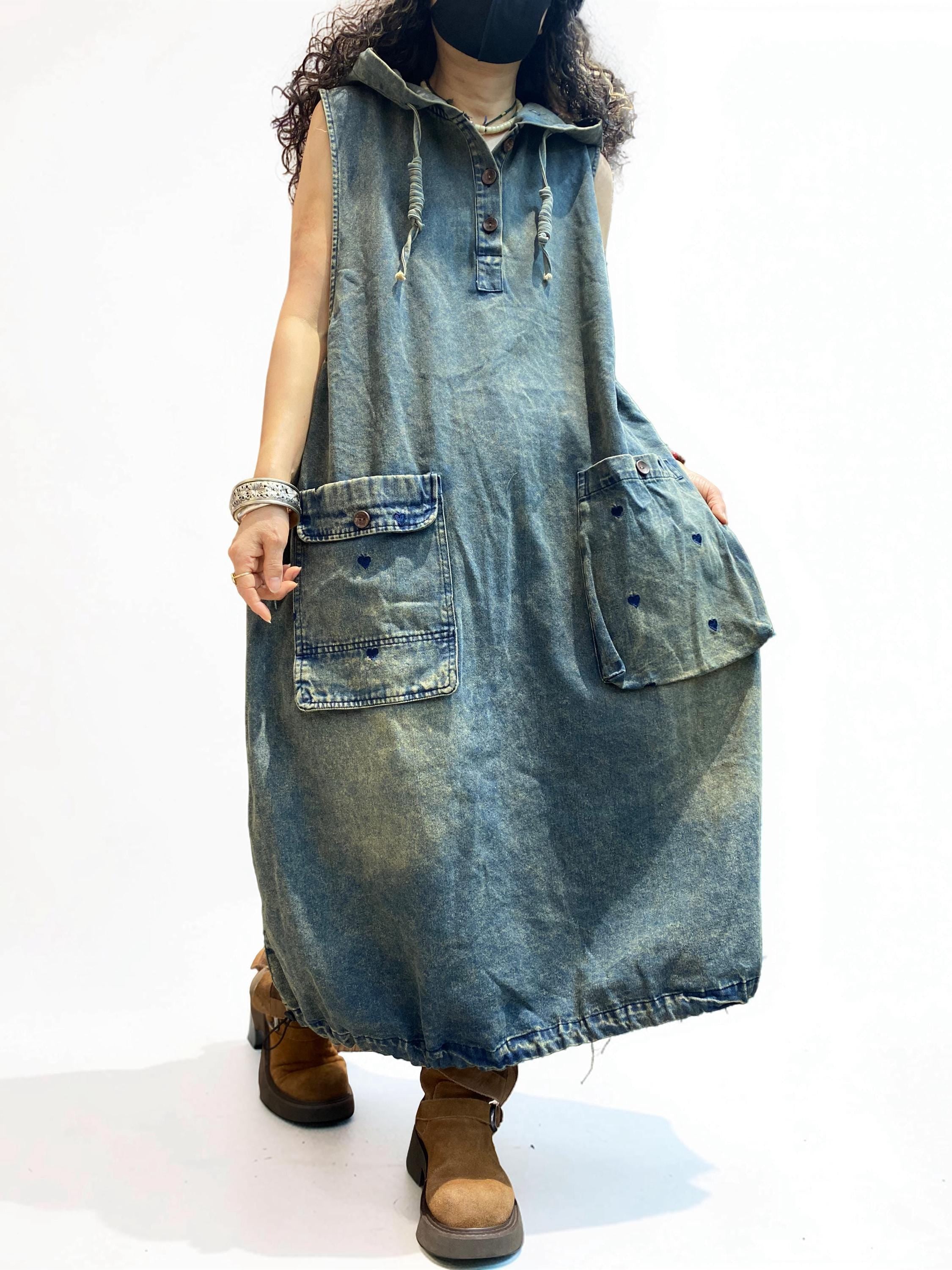 Oversized Washed Denim Hooded Dress: Boho Balloon Maxi Kaftan Style
