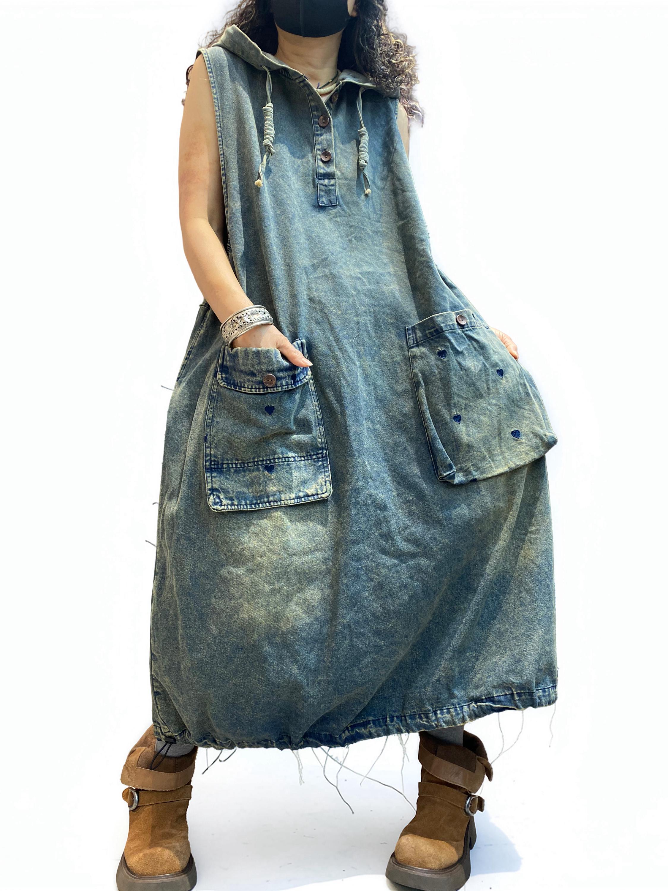 Oversized Washed Denim Hooded Dress: Boho Balloon Maxi Kaftan Style