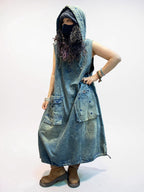 Oversized Washed Denim Hooded Dress: Boho Balloon Maxi Kaftan Style