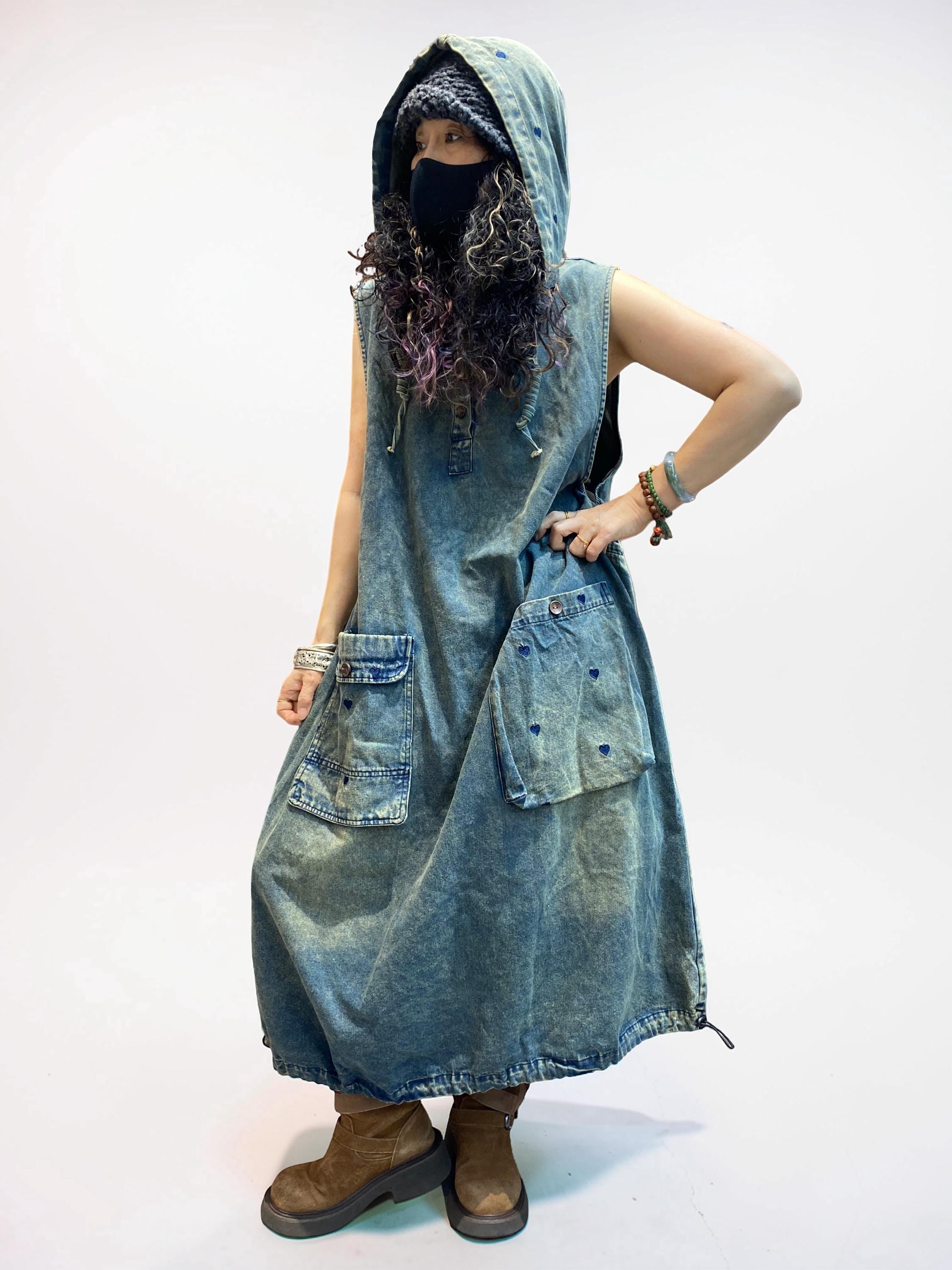 Oversized Washed Denim Hooded Dress: Boho Balloon Maxi Kaftan Style