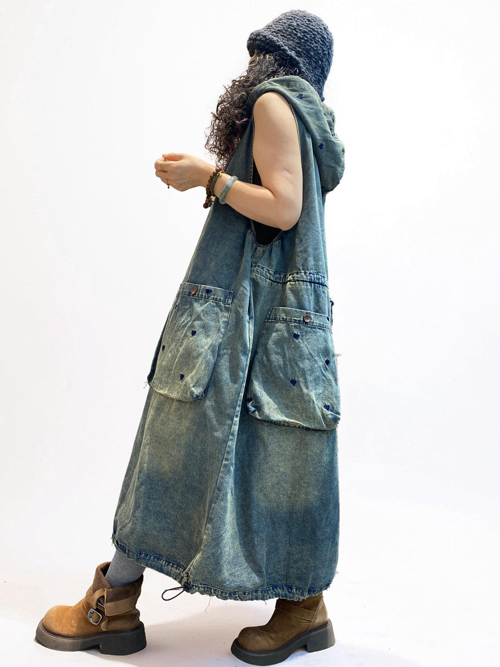 Oversized Washed Denim Hooded Dress: Boho Balloon Maxi Kaftan Style