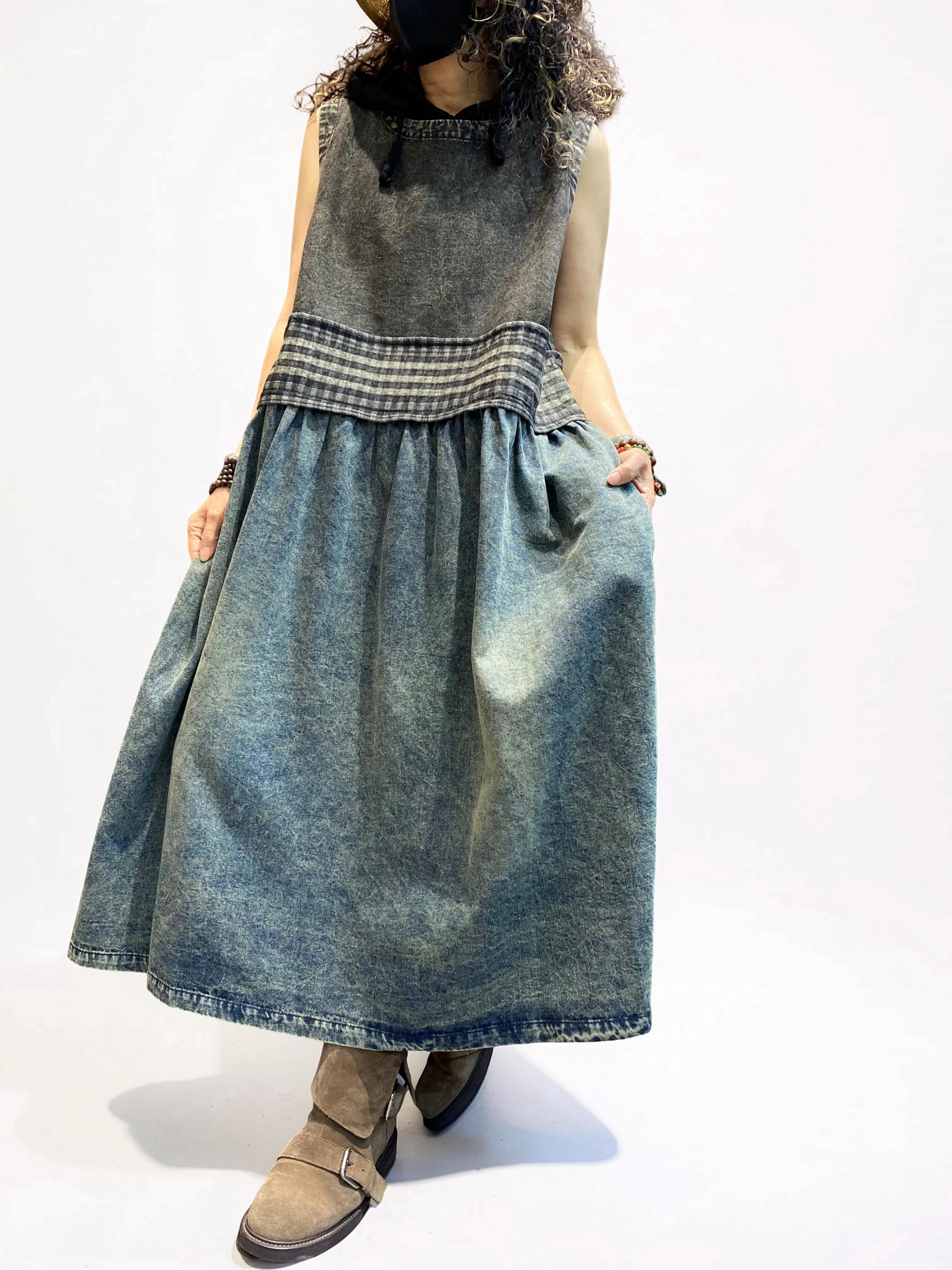 Vintage Washed Denim Midi Dress-Relaxed A-Line silhouette with a vintage washed finish and plaid patchwork detail