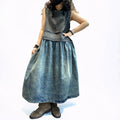Vintage Washed Denim Midi Dress-Relaxed A-Line silhouette with a vintage washed finish and plaid patchwork detail
