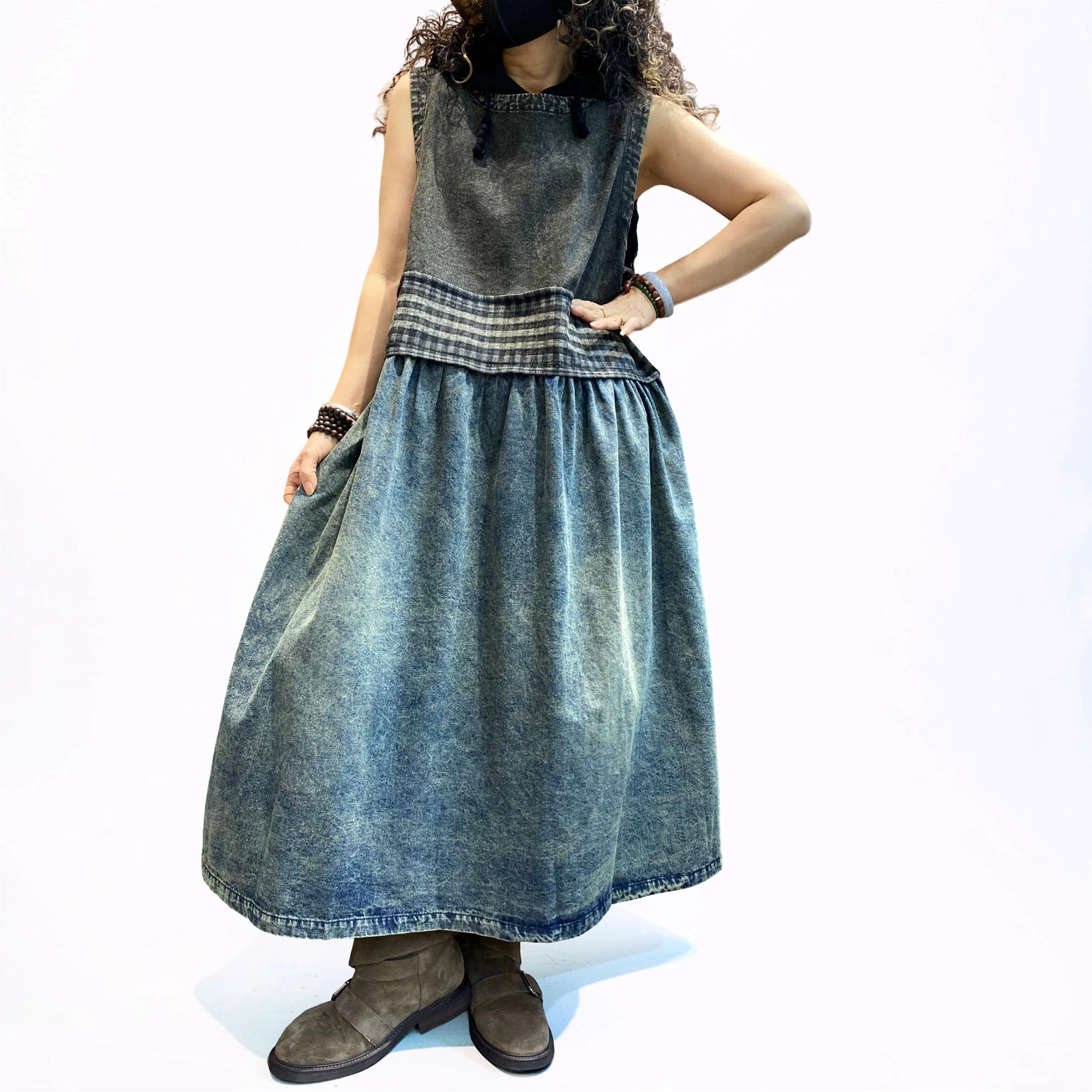 Vintage Washed Denim Midi Dress-Relaxed A-Line silhouette with a vintage washed finish and plaid patchwork detail