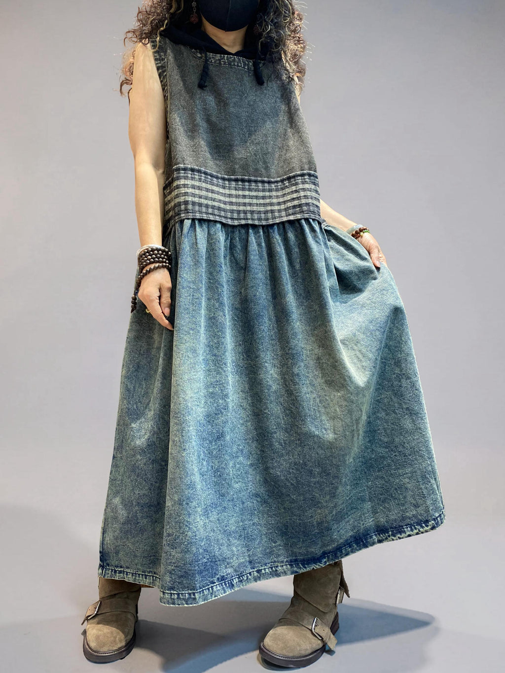 Vintage Washed Denim Midi Dress-Relaxed A-Line silhouette with a vintage washed finish and plaid patchwork detail