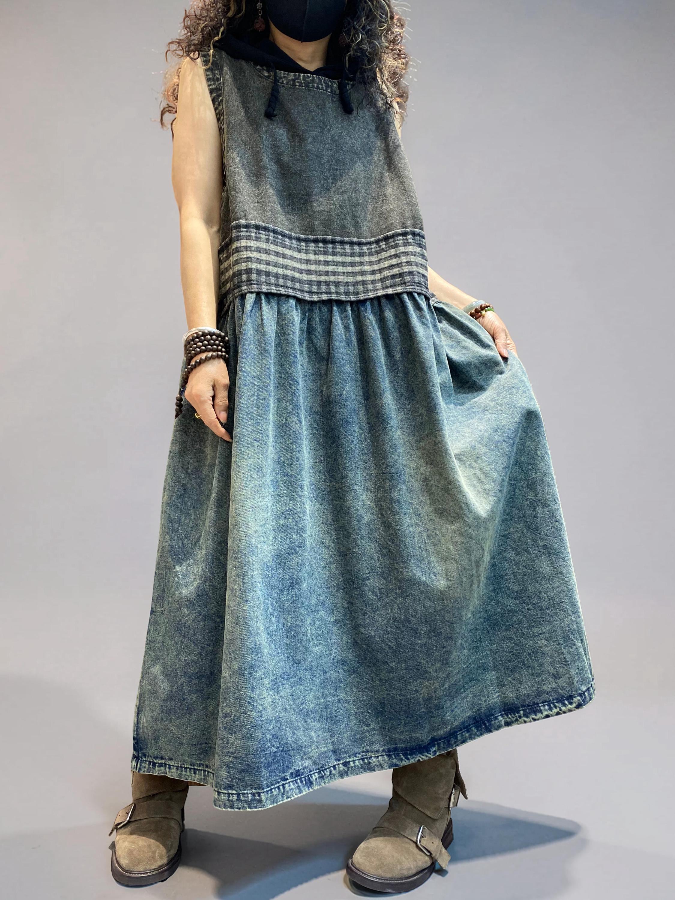 Vintage Washed Denim Midi Dress-Relaxed A-Line silhouette with a vintage washed finish and plaid patchwork detail
