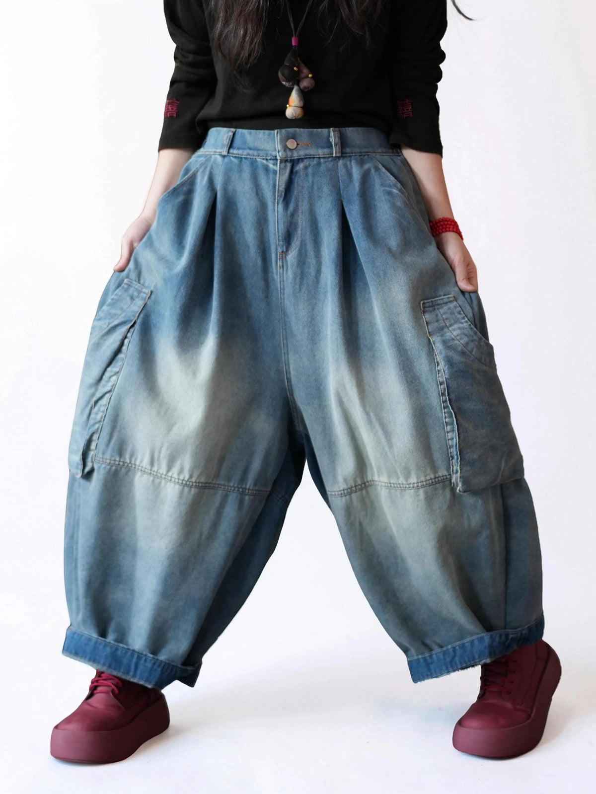 Vintage Washed Workwear Pants | High Waist Balloon Jeans, Artisan Dyed Cargo Style