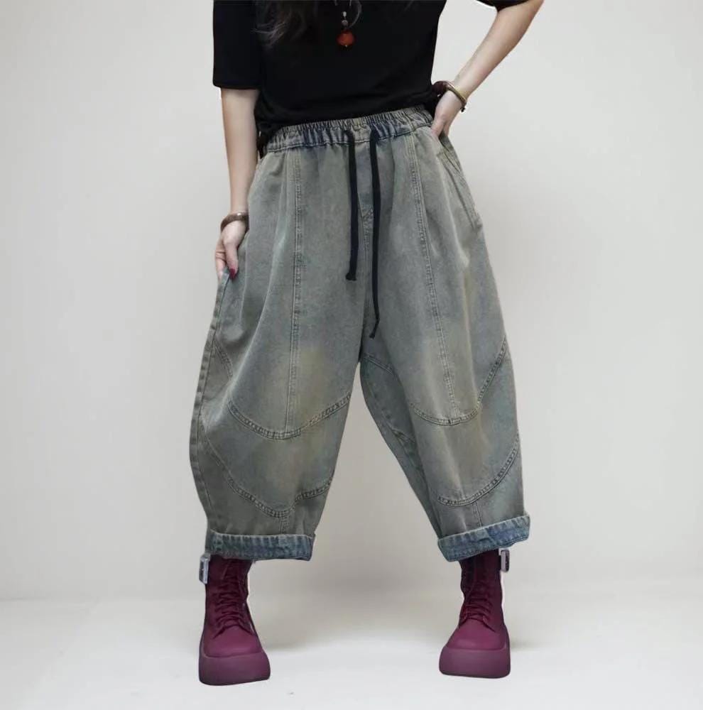 Lightweight Denim Harem Pants, Patchwork Balloon Trousers, Drop Crotch Fit