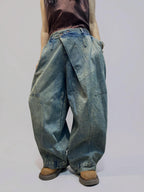 Washed Denim Harem Pants, Wide Leg Drop Crotch, Boho Streetwear Trousers, Two Sizes Available