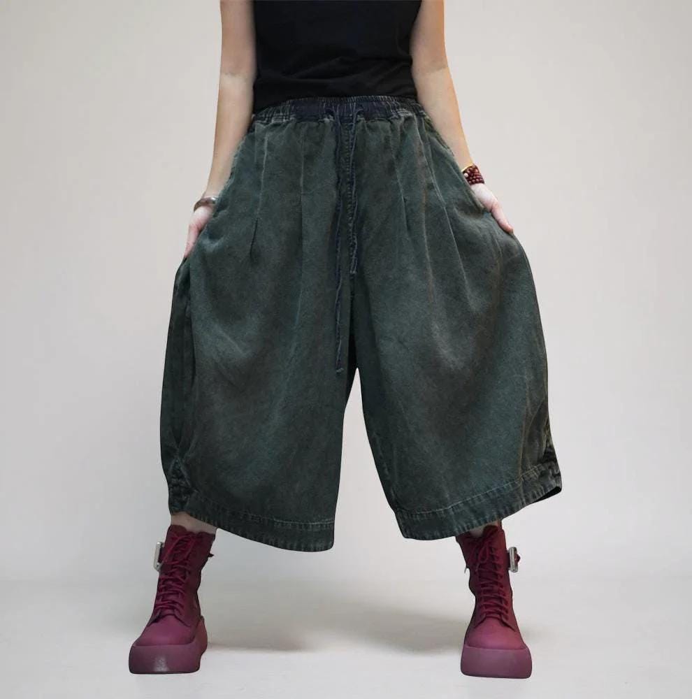 Patchwork Harem Pants: Washed Denim Look, Relaxed wide leg, Boho Style
