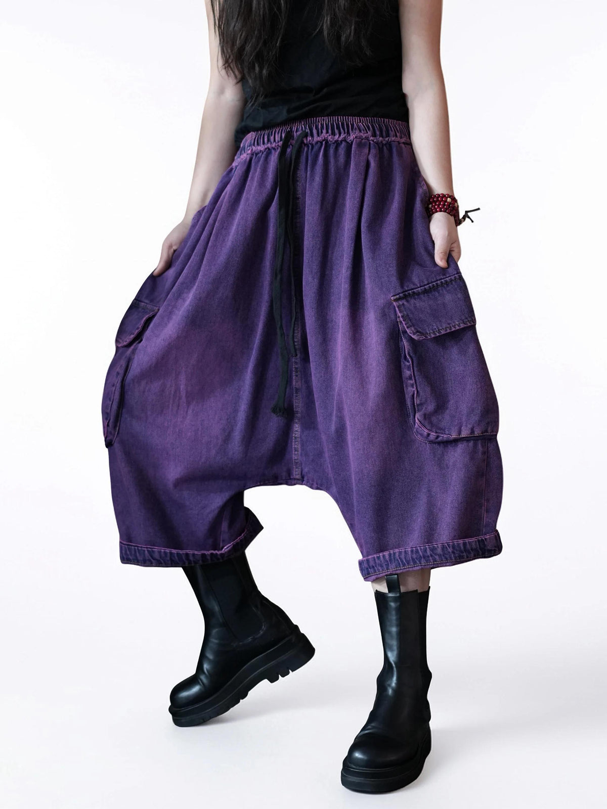 Vintage Washed Cargo Harem Pants- Unisex Loose Denim Streetwear, Baggy Jeans, Boho Drop Crotch
