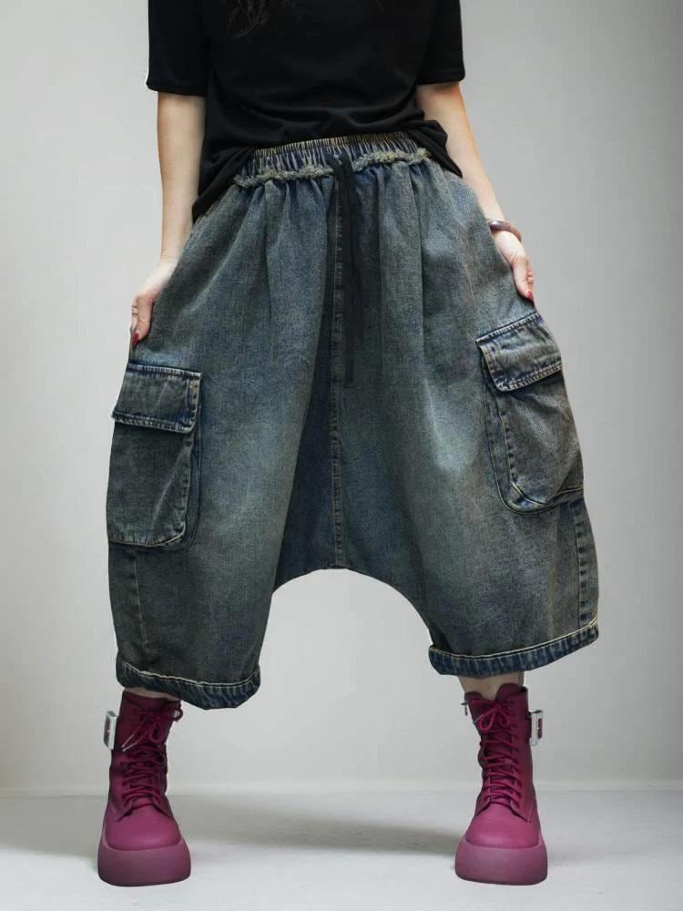 Vintage Washed Cargo Harem Pants- Unisex Loose Denim Streetwear, Baggy Jeans, Boho Drop Crotch
