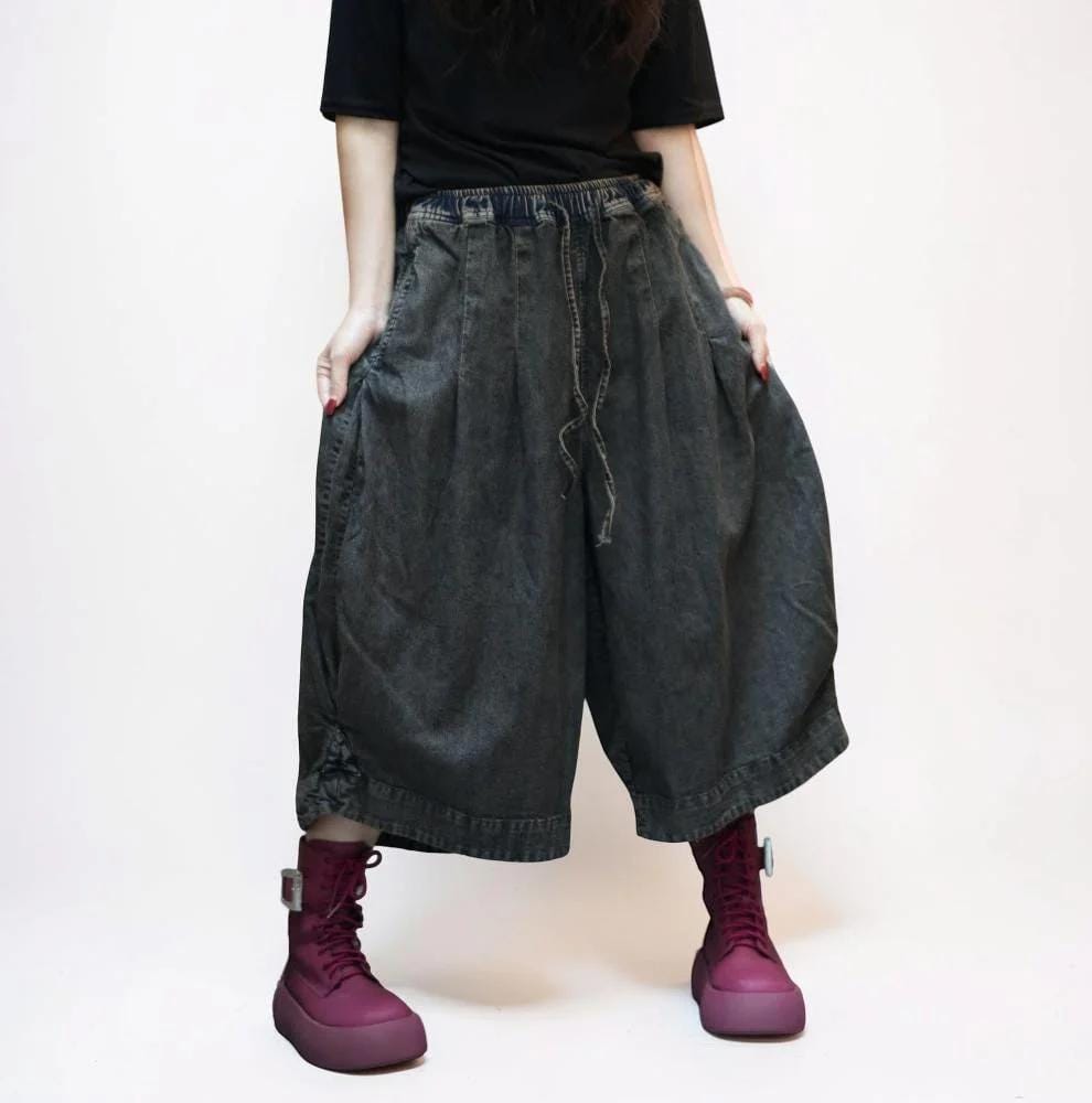 Smoky Black Patchwork Harem Pants: Washed Denim Look, Relaxed wide leg, Boho Style