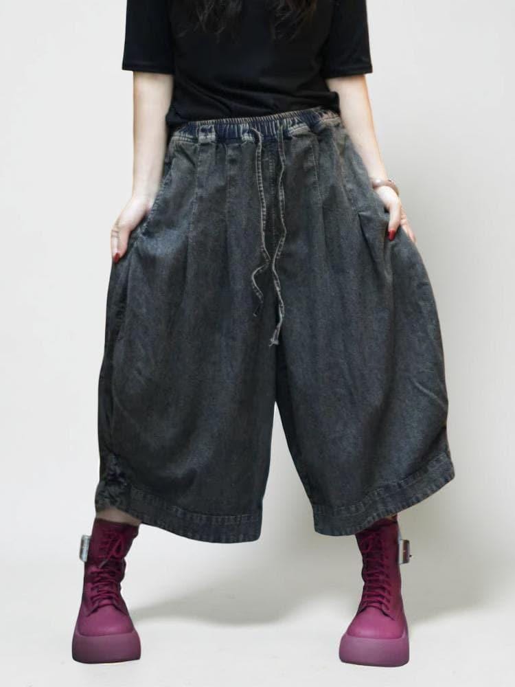 Smoky Black Patchwork Harem Pants: Washed Denim Look, Relaxed wide leg, Boho Style