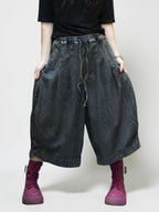 Smoky Black Patchwork Harem Pants: Washed Denim Look, Relaxed wide leg, Boho Style