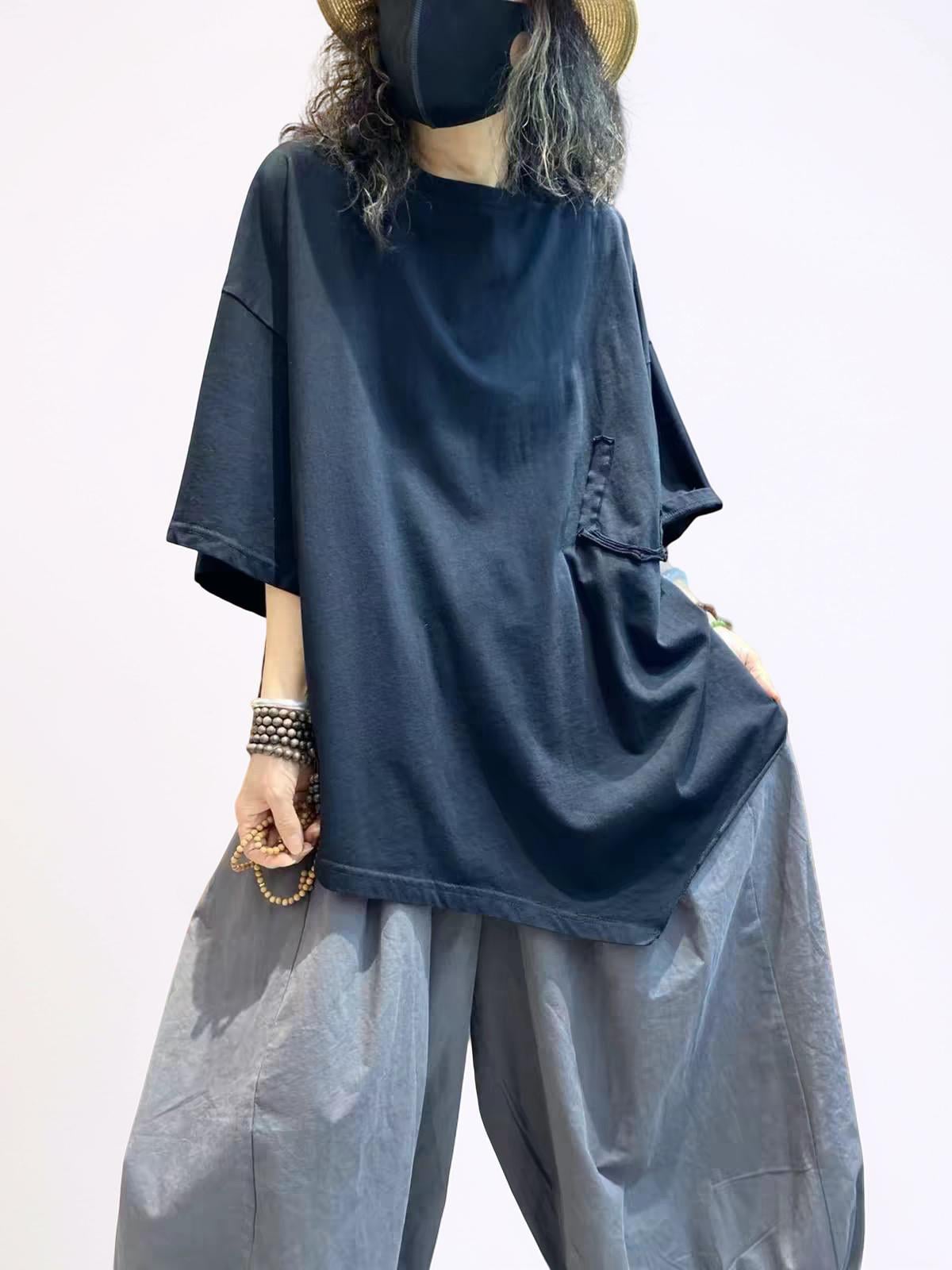 Oversized Asymmetrical Cotton T-Shirt | Japanese Avant Garde Loose Tee | Boho Minimalist Tunic | Plus Size Black Gray Top | Unisex