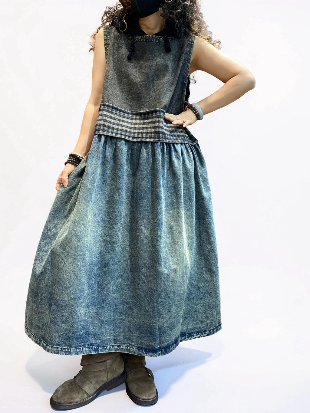 Vintage Washed Denim Midi Dress-Relaxed A-Line silhouette with a vintage washed finish and plaid patchwork detail