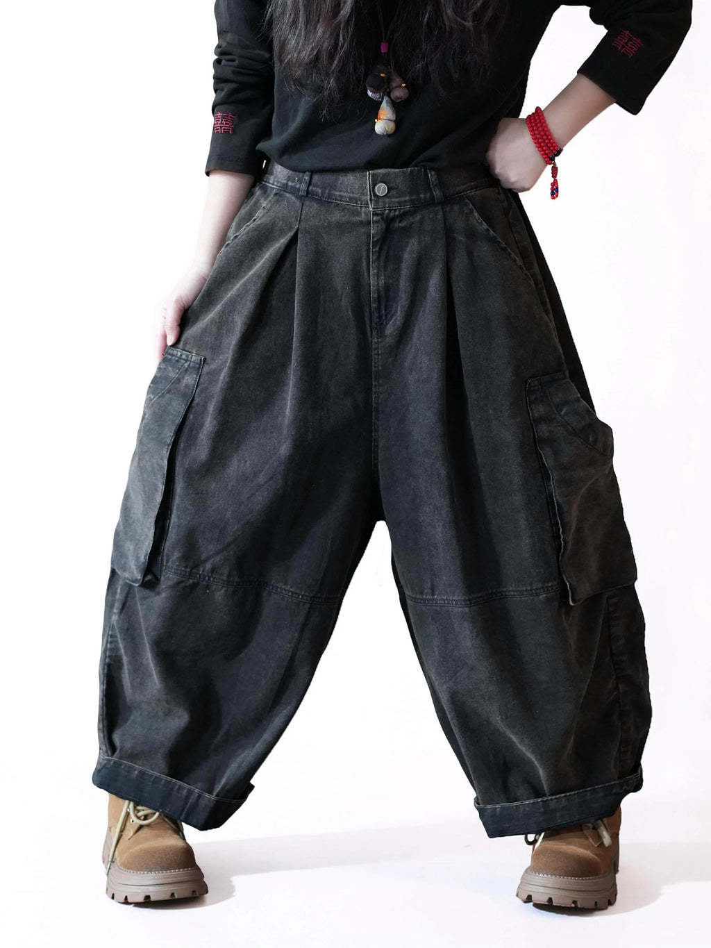 Vintage Washed Workwear Pants | High Waist Balloon Jeans, Artisan Dyed Cargo Style