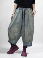 Lightweight Denim Harem Pants, Patchwork Balloon Trousers, Drop Crotch Fit