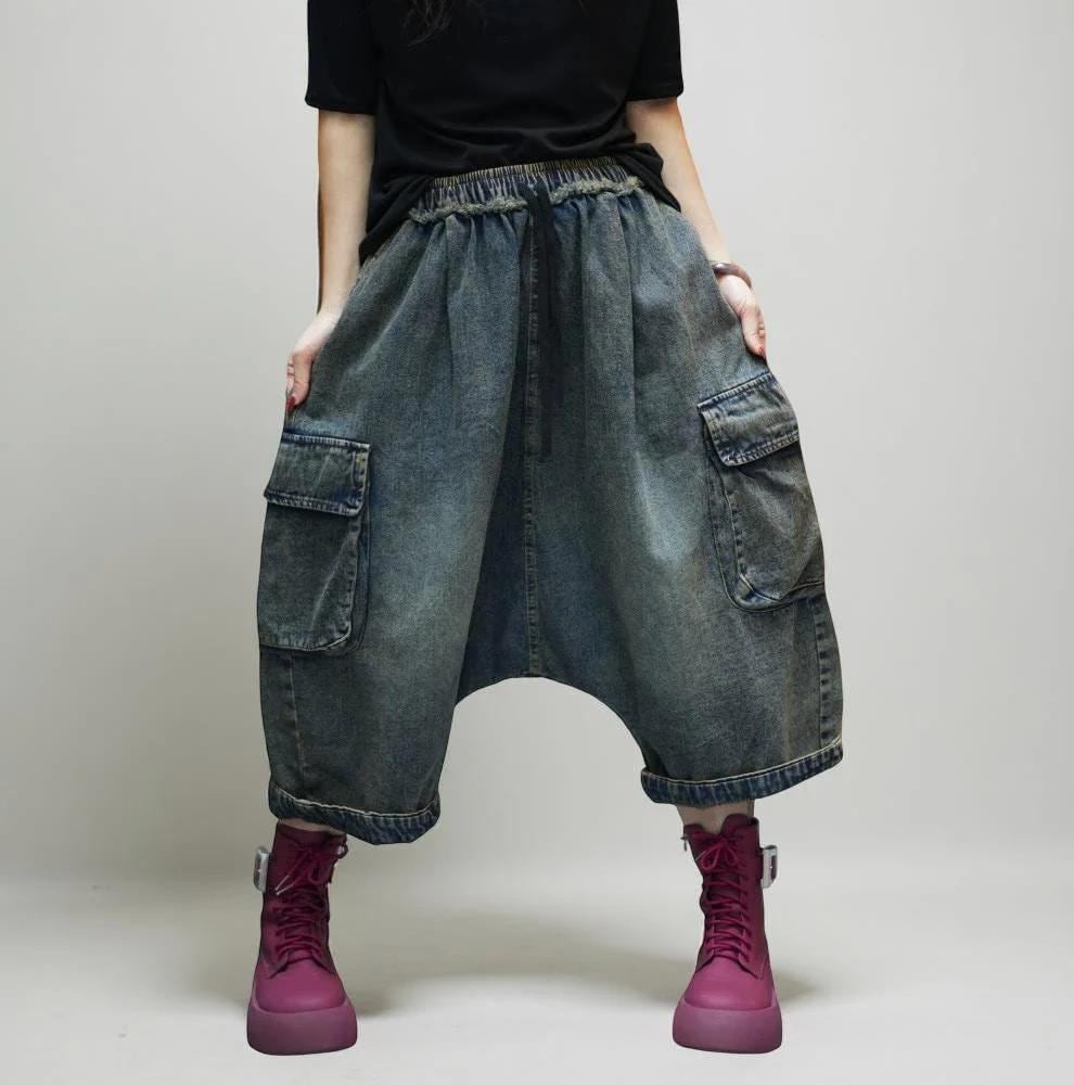 Vintage Washed Cargo Harem Pants- Unisex Loose Denim Streetwear, Baggy Jeans, Boho Drop Crotch