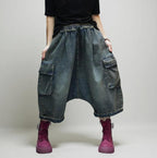 Vintage Washed Cargo Harem Pants- Unisex Loose Denim Streetwear, Baggy Jeans, Boho Drop Crotch