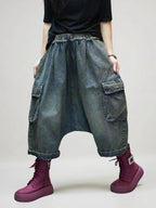Vintage Washed Cargo Harem Pants- Unisex Loose Denim Streetwear, Baggy Jeans, Boho Drop Crotch