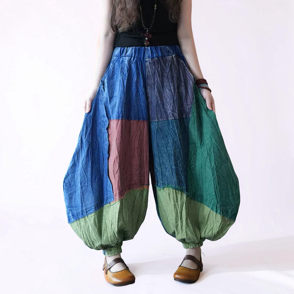 Patchwork Balloon Pants, Oversized Cotton Harem, Boho Lagenlook, Elastic Waist