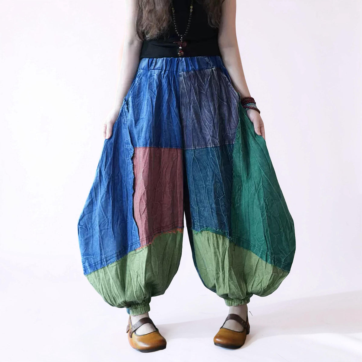Patchwork Balloon Pants, Oversized Cotton Harem, Boho Lagenlook, Elastic Waist