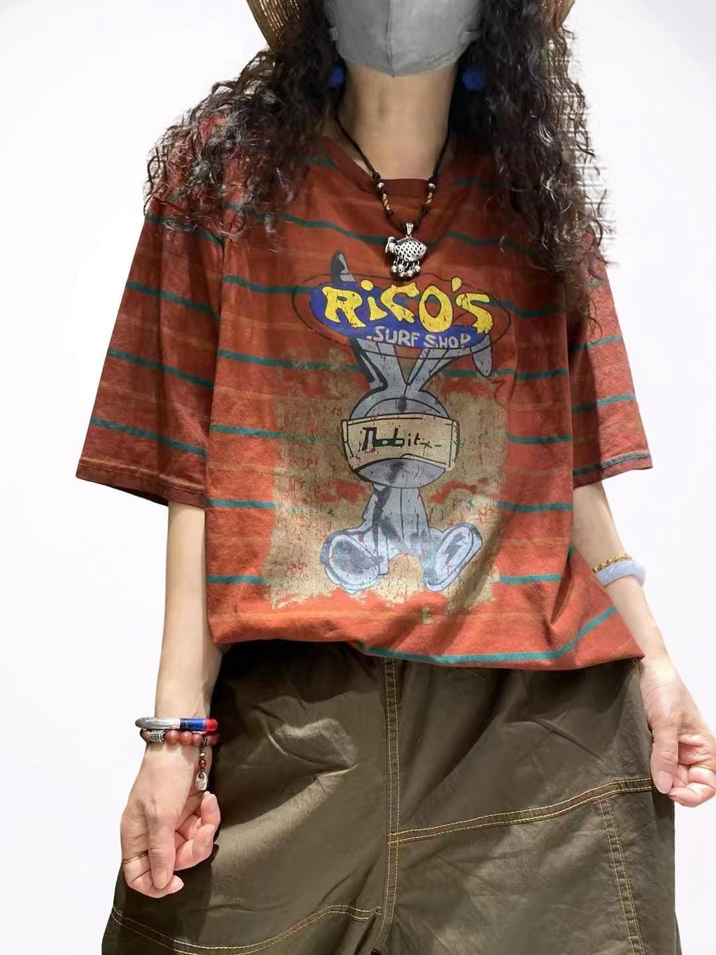 Washed Cotton Striped Graphic T-Shirt | Retro Cartoon Print Top