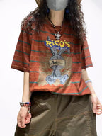 Washed Cotton Striped Graphic T-Shirt | Retro Cartoon Print Top