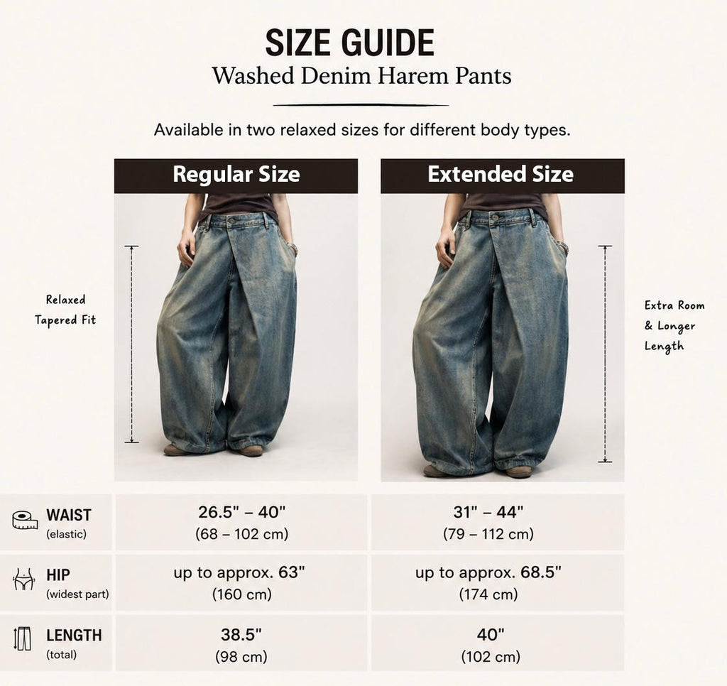 Washed Denim Harem Pants, Wide Leg Drop Crotch, Boho Streetwear Trousers, Two Sizes Available