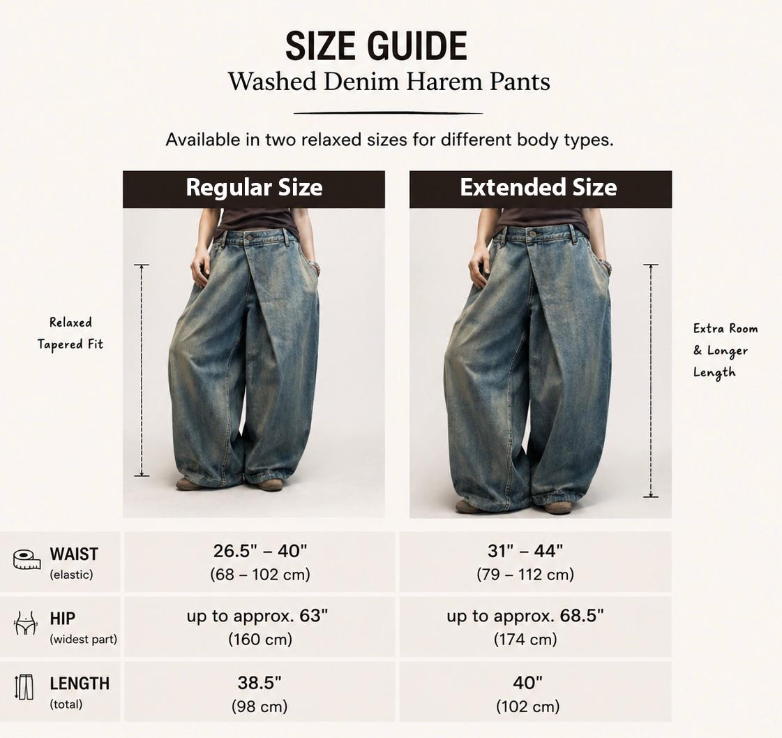 Washed Denim Harem Pants, Wide Leg Drop Crotch, Boho Streetwear Trousers, Two Sizes Available