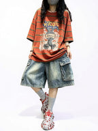 Washed Cotton Striped Graphic T-Shirt | Retro Cartoon Print Top