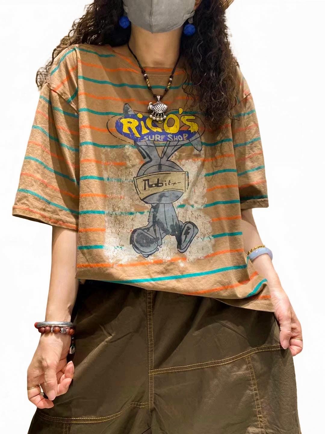 Washed Cotton Striped Graphic T-Shirt | Retro Cartoon Print Top