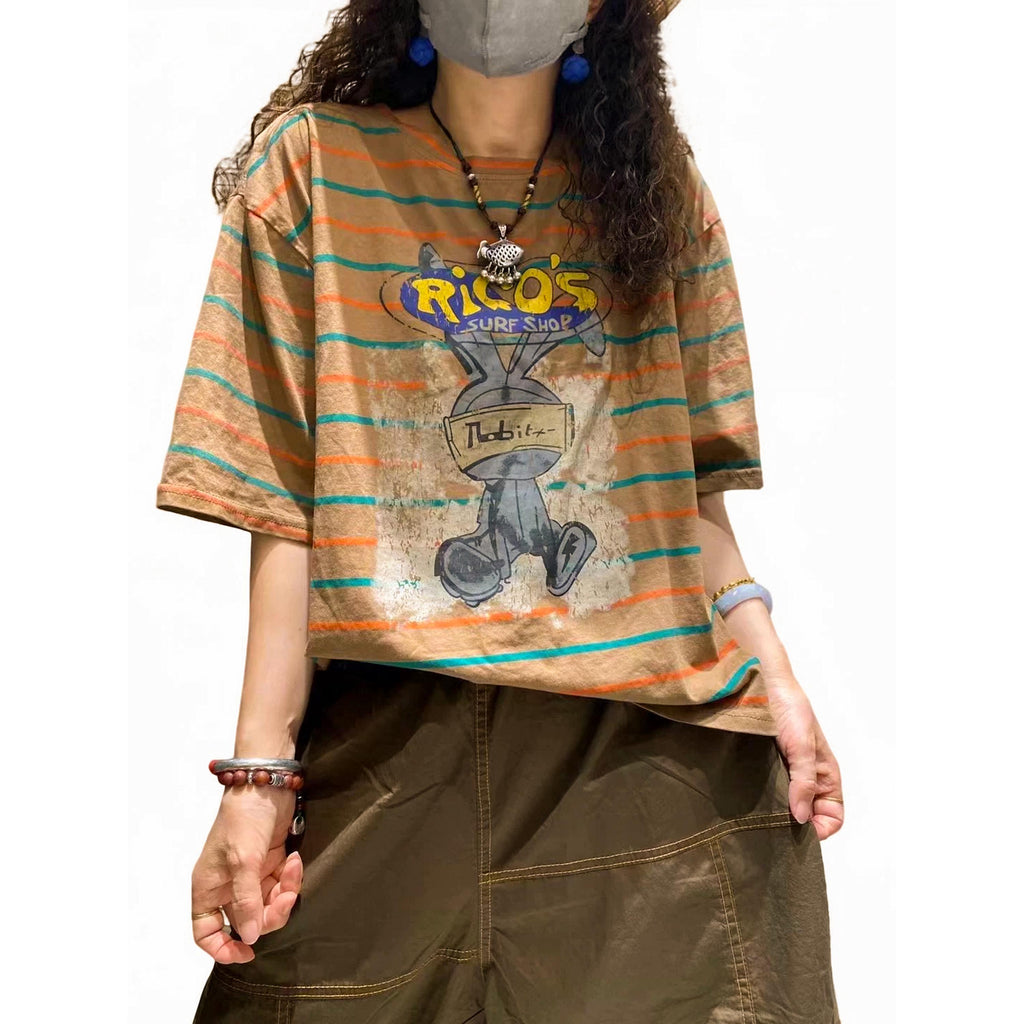 Washed Cotton Striped Graphic T-Shirt | Retro Cartoon Print Top