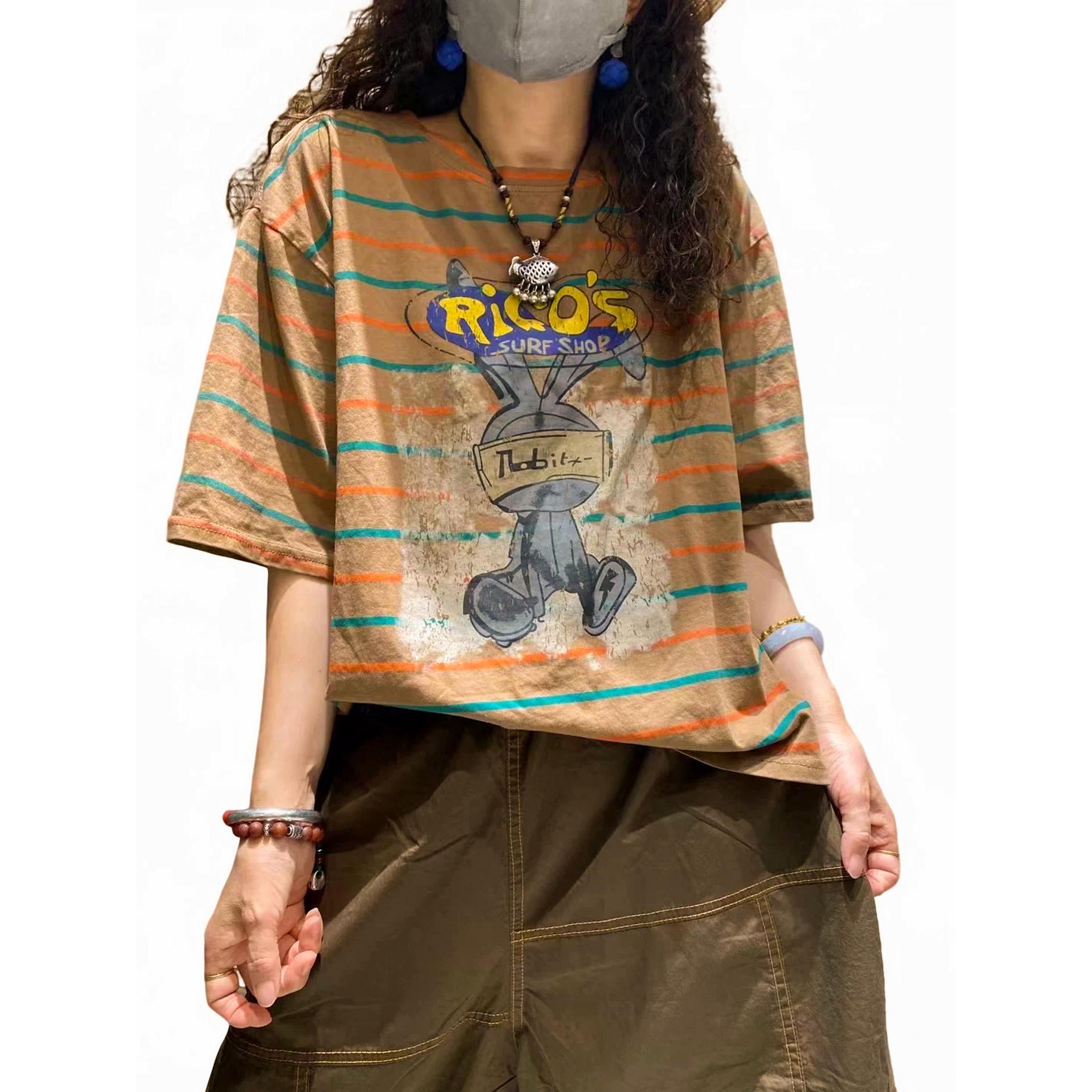 Washed Cotton Striped Graphic T-Shirt | Retro Cartoon Print Top