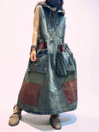 Washed Denim Patchwork Maxi Dress, Hooded Sleeveless Jean Dress, Oversized Pockets, Loose Fit