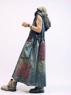 Washed Denim Patchwork Maxi Dress, Hooded Sleeveless Jean Dress, Oversized Pockets, Loose Fit
