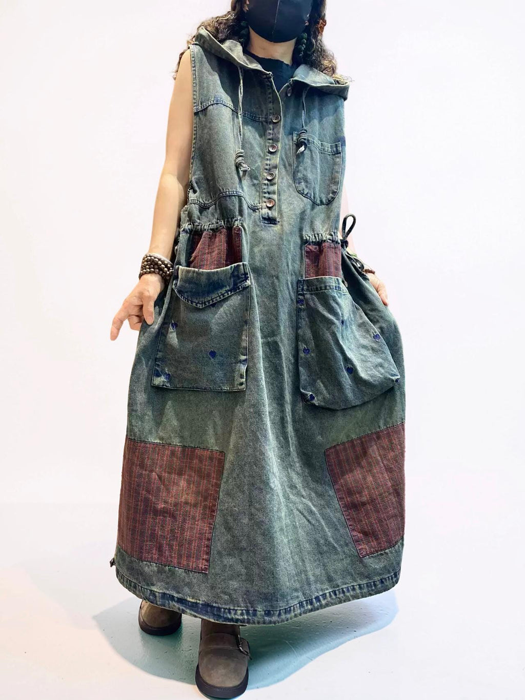 Washed Denim Patchwork Maxi Dress, Hooded Sleeveless Jean Dress, Oversized Pockets, Loose Fit
