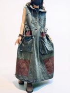 Washed Denim Patchwork Maxi Dress, Hooded Sleeveless Jean Dress, Oversized Pockets, Loose Fit