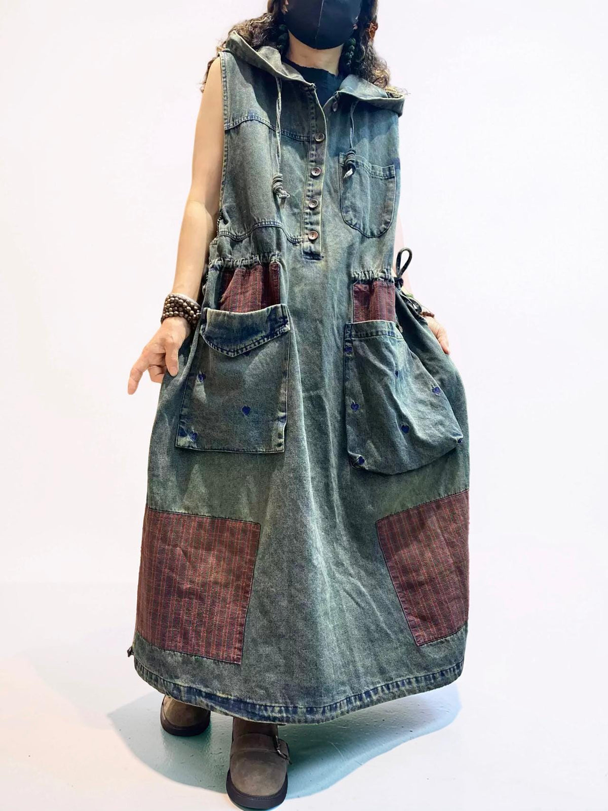 Washed Denim Patchwork Maxi Dress, Hooded Sleeveless Jean Dress, Oversized Pockets, Loose Fit