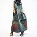 Washed Denim Patchwork Maxi Dress, Hooded Sleeveless Jean Dress, Oversized Pockets, Loose Fit