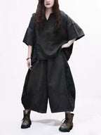 Washed Cotton Linen Patchwork Two-Piece Set, Oversized Top & Balloon Pants, Boho Artsy Outfit