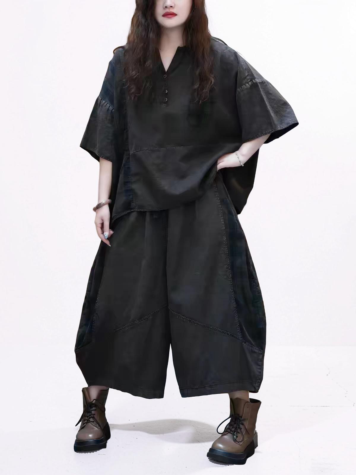 Washed Cotton Linen Patchwork Two-Piece Set, Oversized Top & Balloon Pants, Boho Artsy Outfit