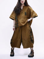 Washed Cotton Linen Patchwork Two-Piece Set, Oversized Top & Balloon Pants, Boho Artsy Outfit